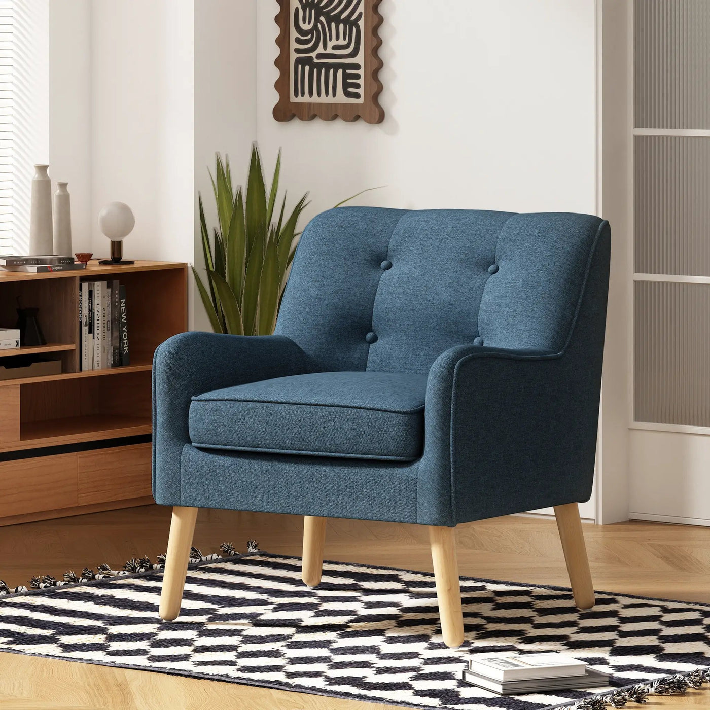 Mid-Century Modern Armchair - Tufted Fabric Accent Chair with Solid Wood Legs by HouseOfZazla