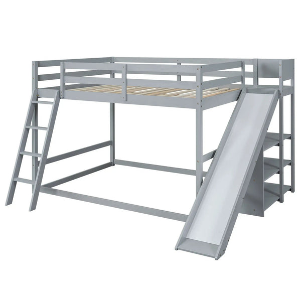 Bunk Bed With Ladder, Slide, And Shelves Pine Wood