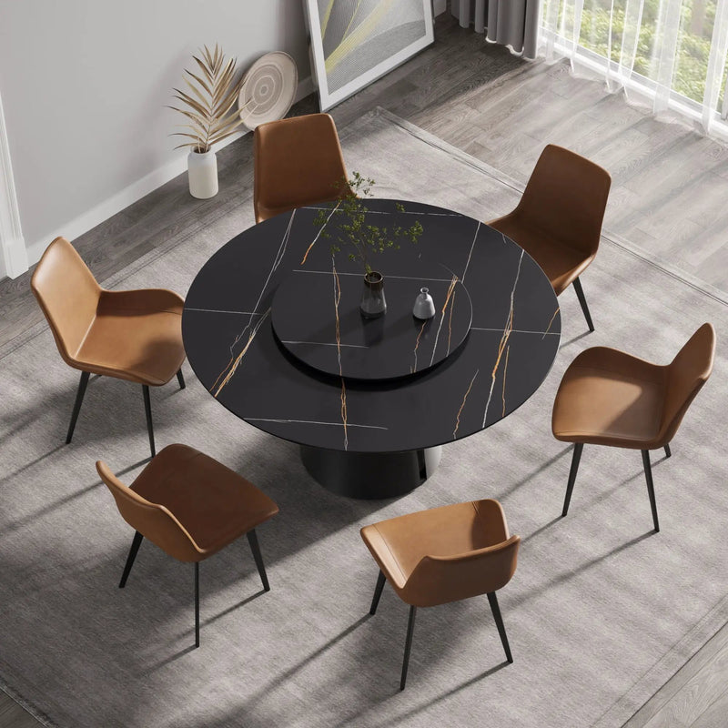 53.15" Round Modern Artificial Stone Carbon Steel Base Dining Table, Can Accommodate 6 People - Black / Gold by HouseOfZazla