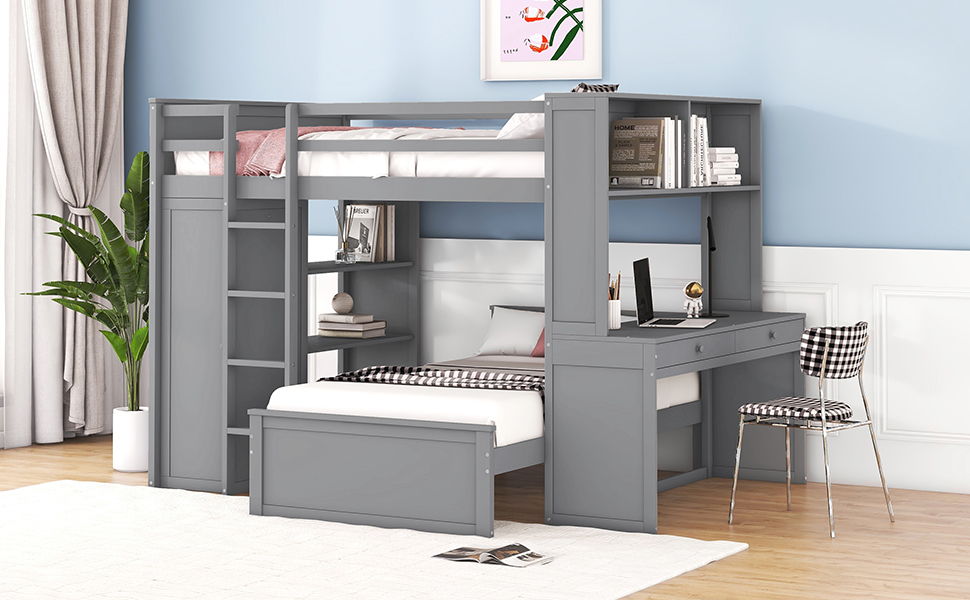 Loft Bed With A Twin Size Standalone Bed, Shelves, Desk, And Wardrobe by HouseOfZazla