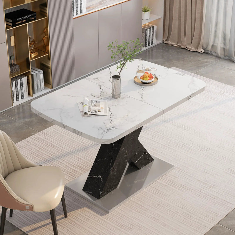 Rectangle Dining Table With Stretchable Top, X Shape Mdf Legs With Steel Base - White / Black by Unique Piece Furniture