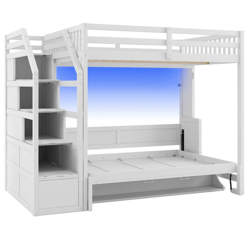 Full Long Loft Bed With Storage Staircase, Murphy Bed, LED Light - White by Unique Piece Furniture