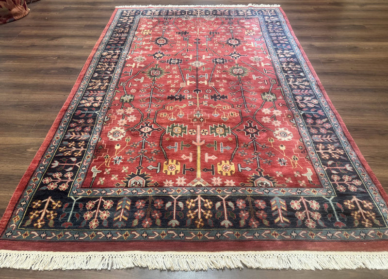 Indo Persian Heriz Serapi Rug 6x8, Rust Red and Navy Blue, Allover Pattern by Jewel Rugs