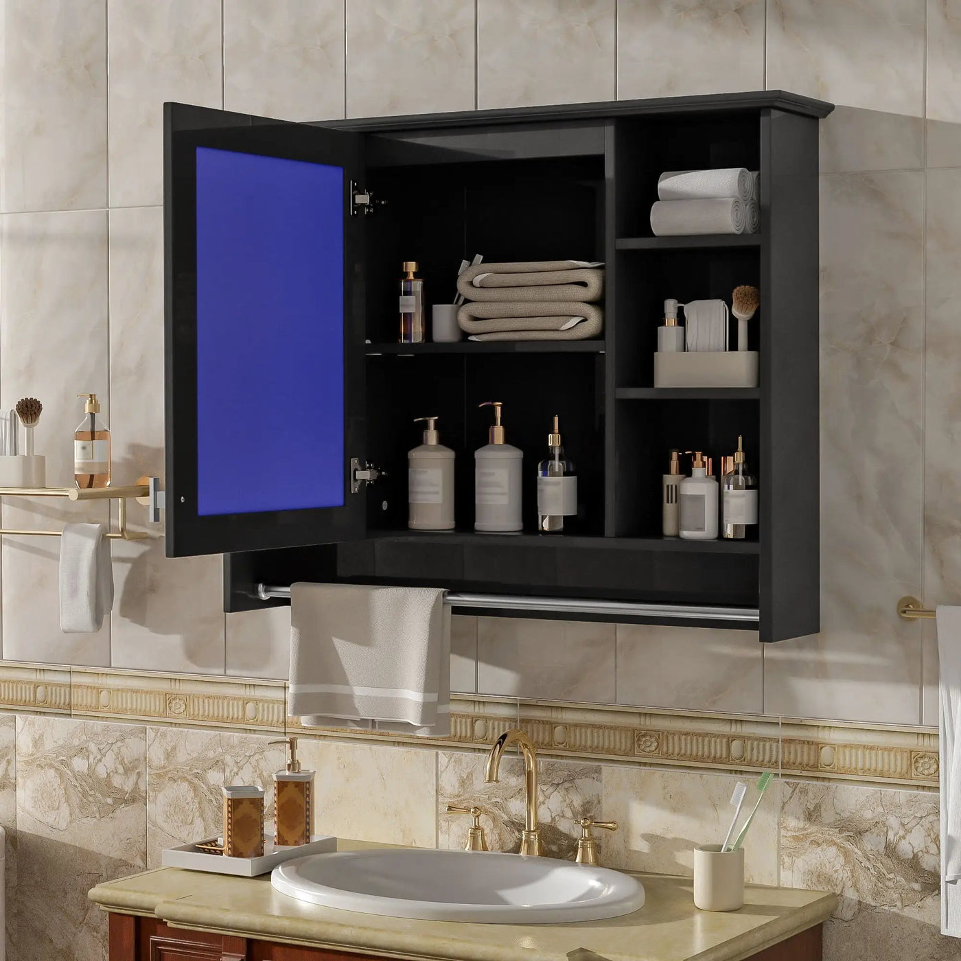 Modern Wall Mounted Mirror Cabinet with Adjustable Shelf and Towel Bar by HouseOfZazla