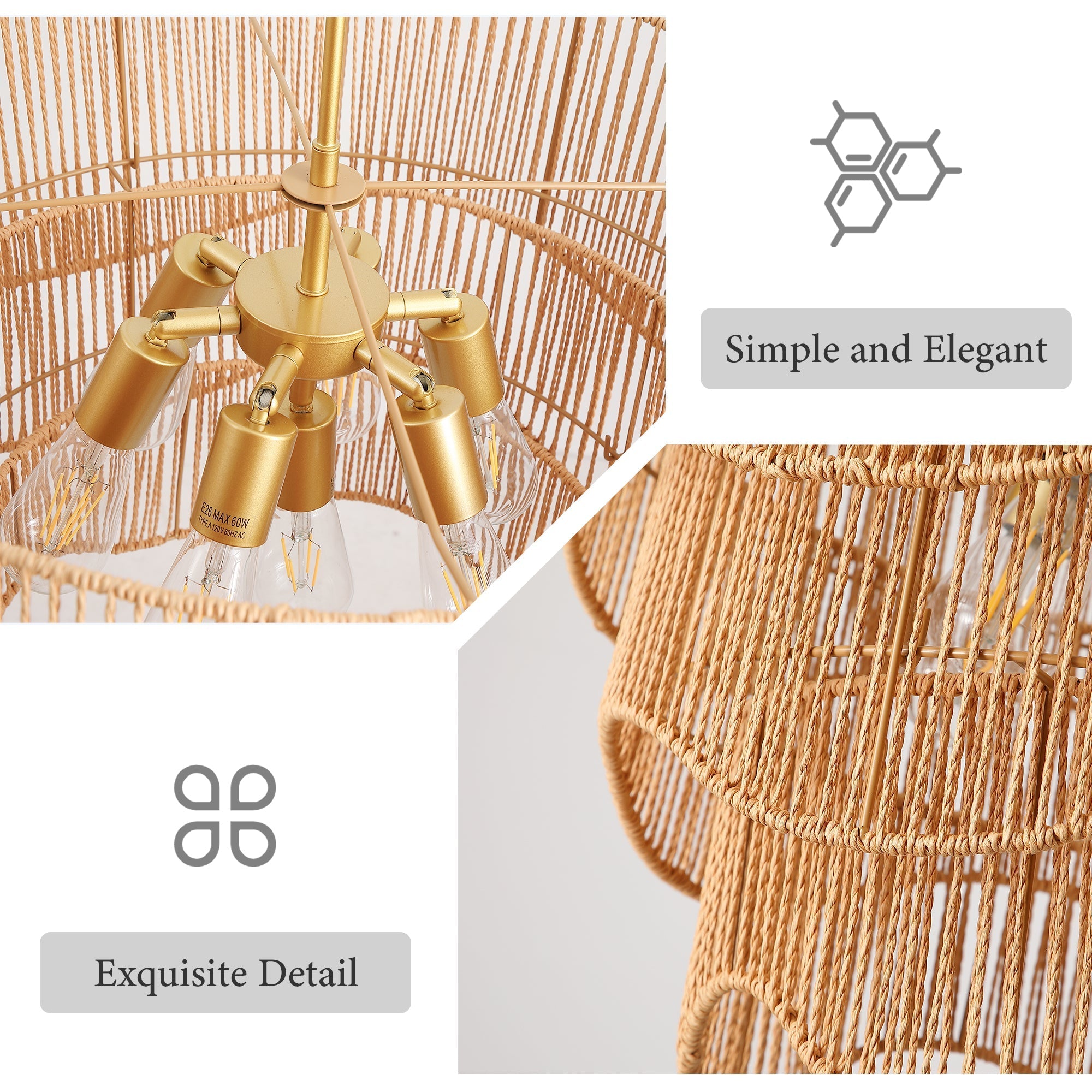 Handwoven Paper Rattan Boho Chandelier with 7-Light E26 Base by HouseOfZazla