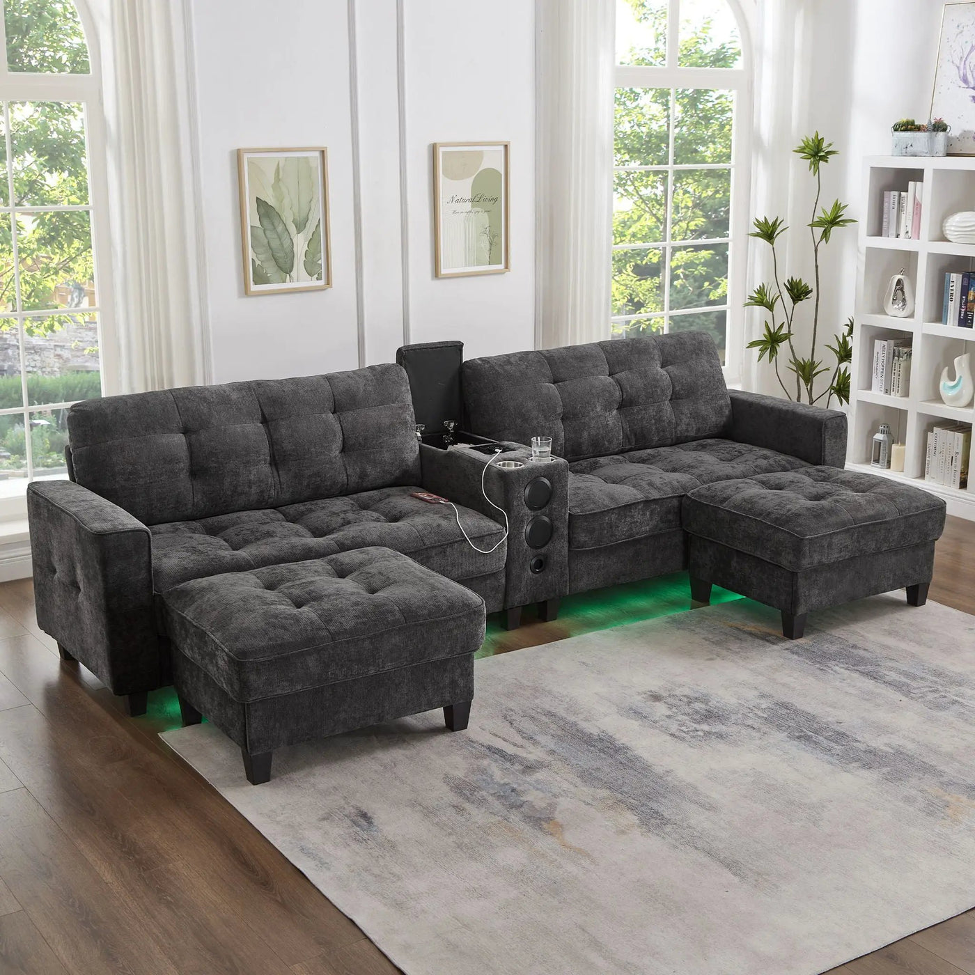 Modern Sectional Sofa U-Shaped With Movable Ottomans, tooth Speakers, LED Lights And Modular Storage by Unique Piece Furniture