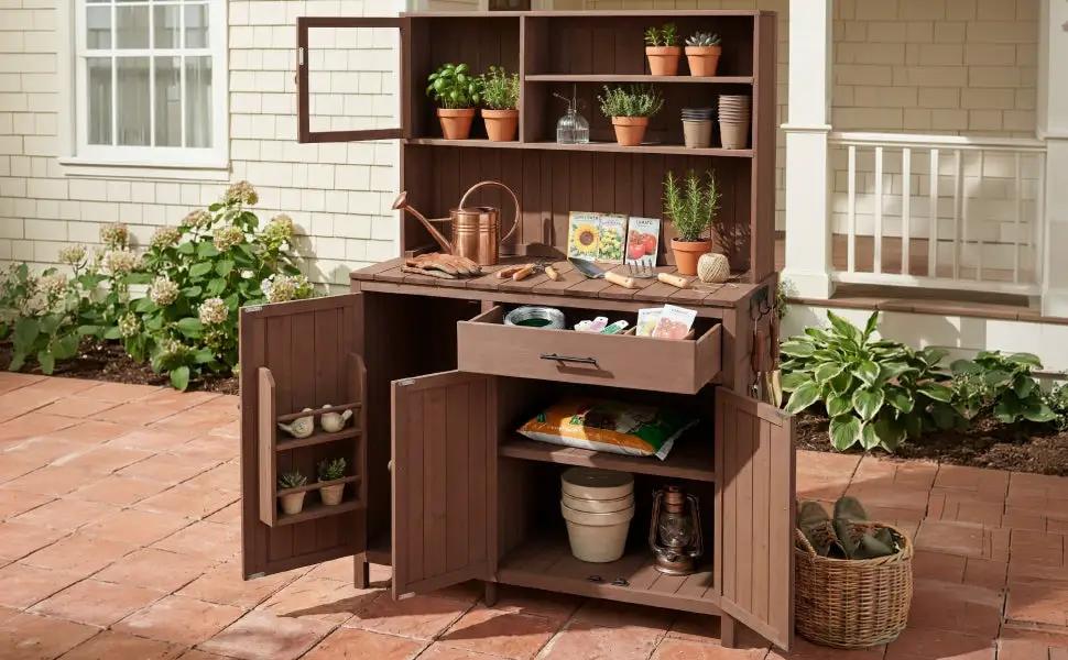 TOPAMX Potting Bench with Hutch, Solid Fir Wood Garden Workstation by HouseOfZazla