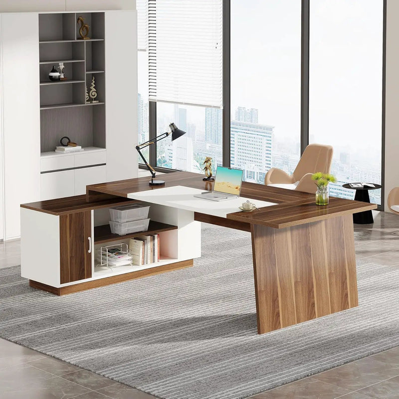 L-Shaped Executive Desk With Storage Cabinet And Shelves For Home Office - White / Walnut by HouseOfZazla