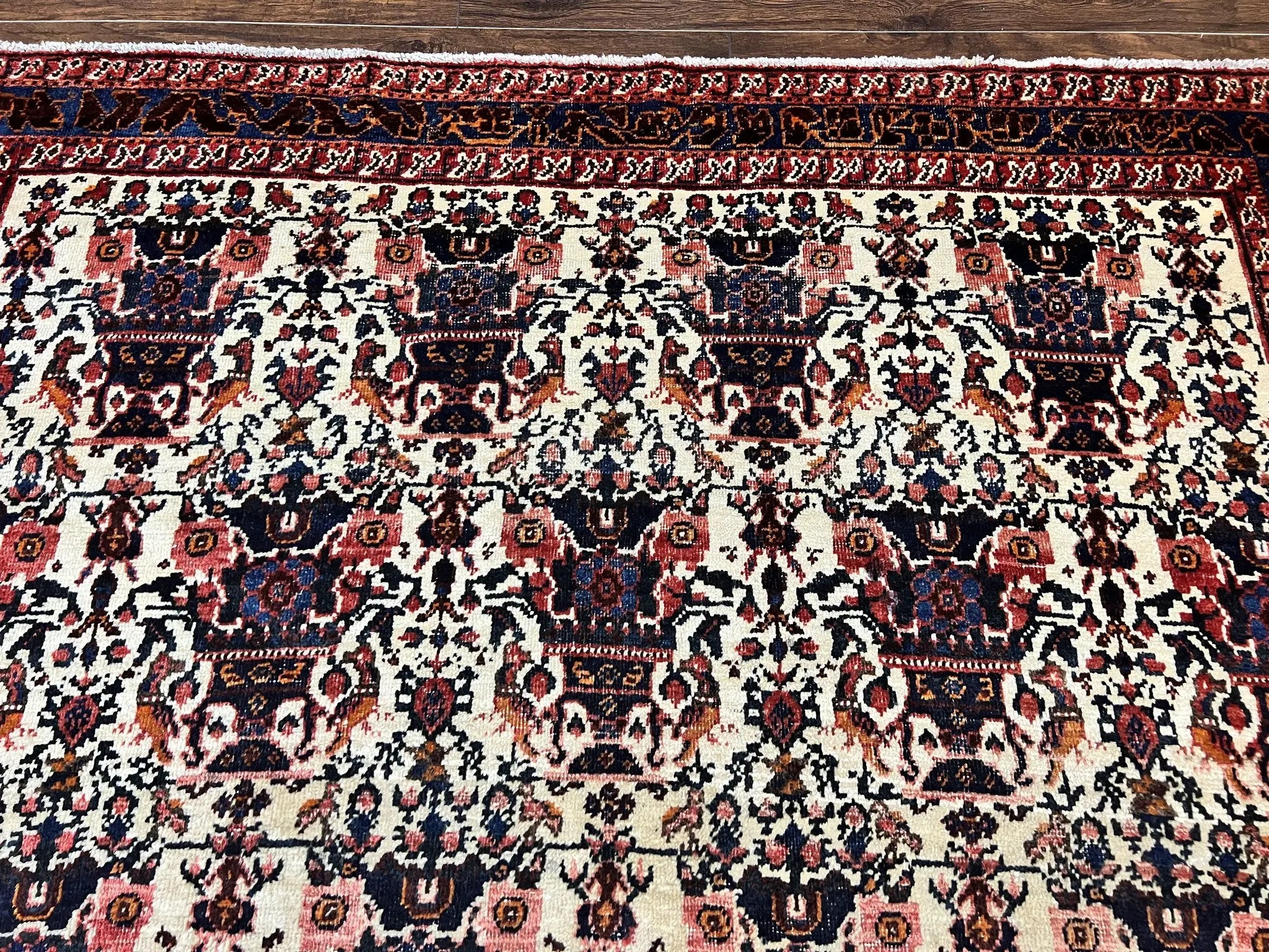 Persian Afshar Rug 6x8, Wool Hand Knotted Semi Antique Vintage Carpet, Floral Allover, Repeated Birds Flowers Vases Motifs by Jewel Rugs