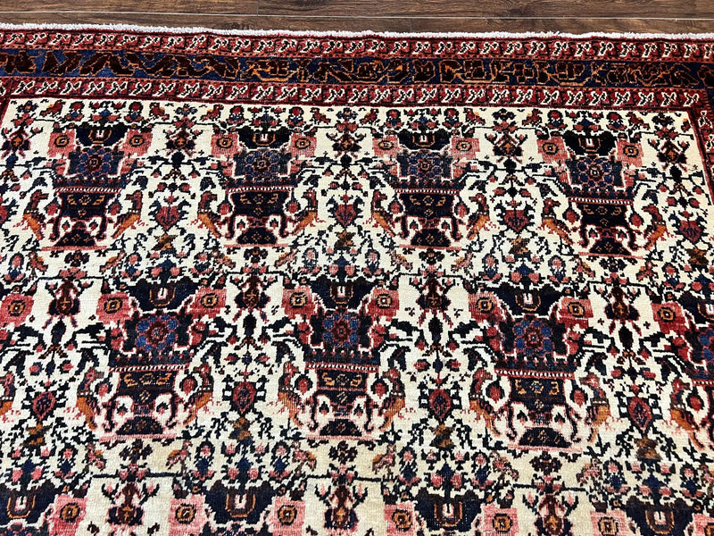 Persian Afshar Rug 6x8, Wool Hand Knotted Semi Antique Vintage Carpet, Floral Allover, Repeated Birds Flowers Vases Motifs by Jewel Rugs