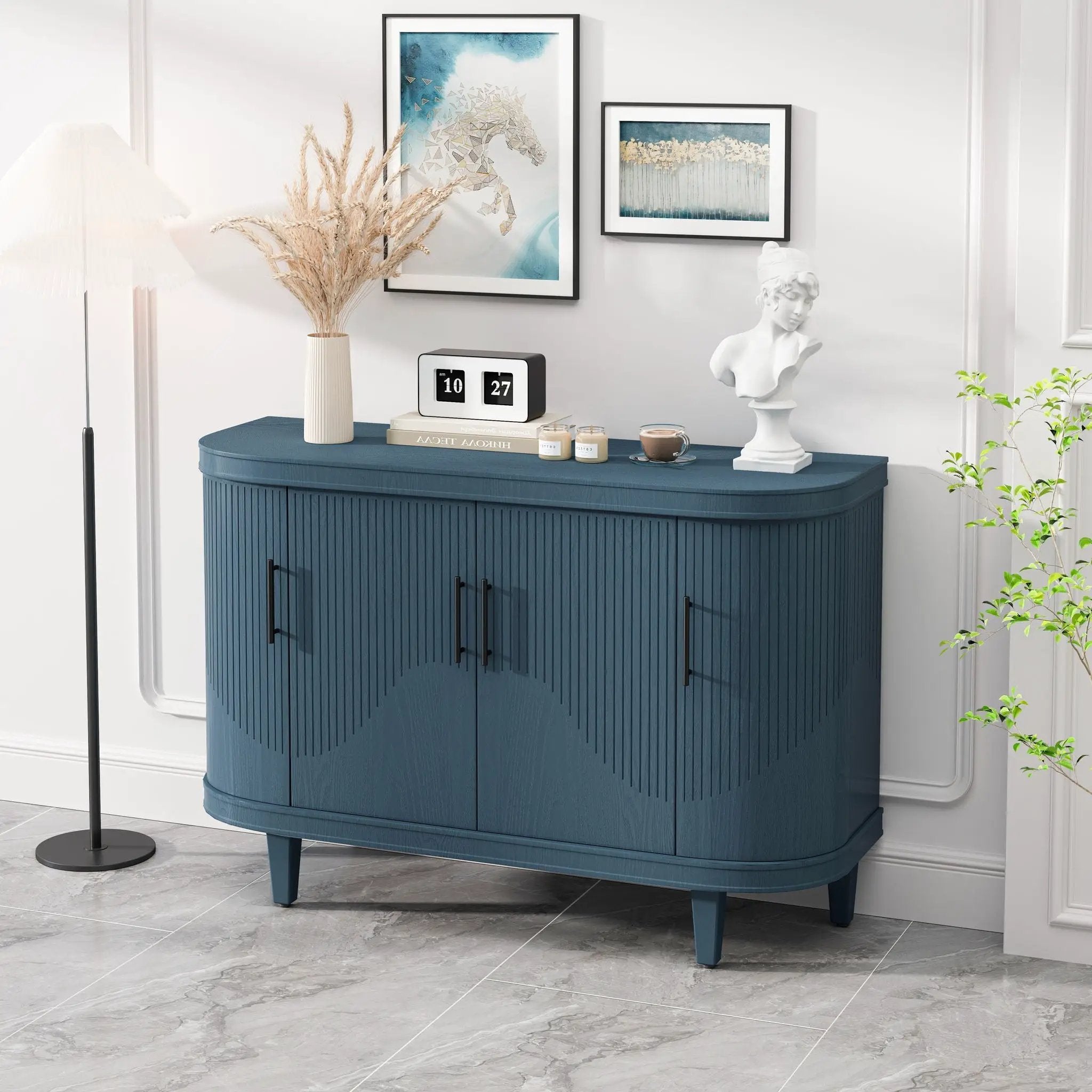 Curved Sideboard Wooden Console Table With 4 Doors And Adjustable Shelves For Living Room - Blue by HouseOfZazla