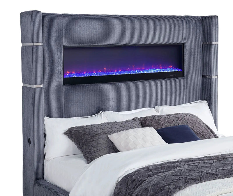 Tisdall Upholstered Cal King Flame Visualizer Bed Grey by Unique Piece Furniture