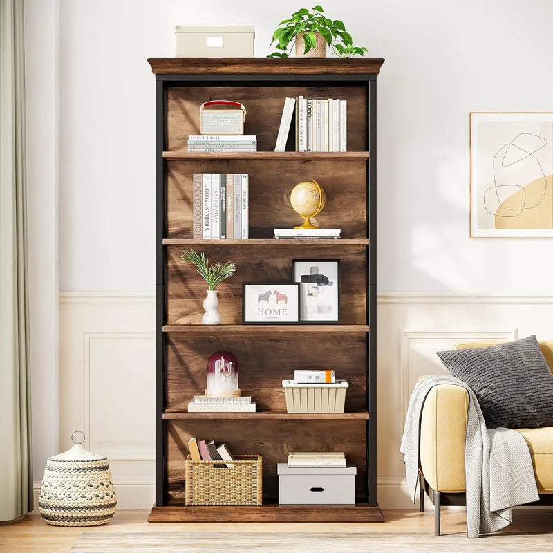 6 Tier Industrial Brown & Bookshelf With X Pattern Design - Rustic Brown by HouseOfZazla