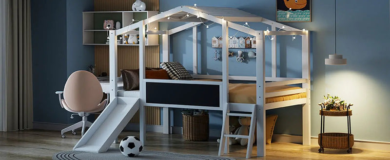 Loft House Bed With Ladder And Slide, With board And Light Strip On The Roof by HouseOfZazla