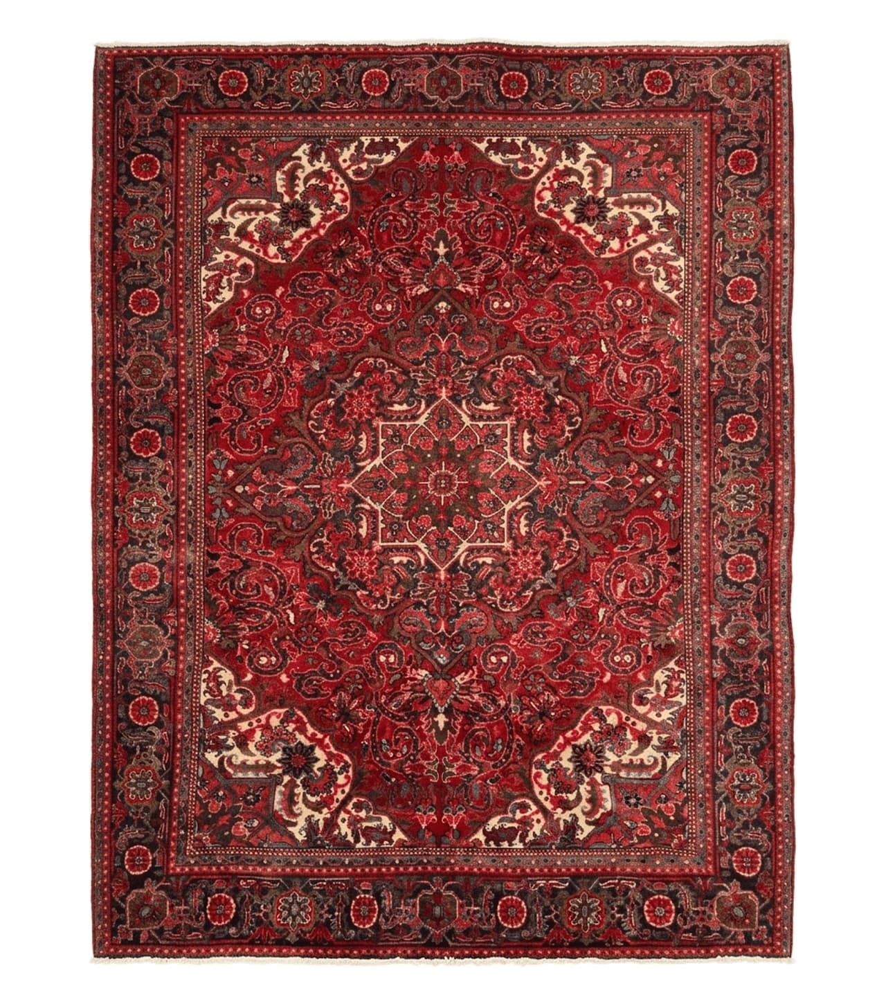 Persian Heriz Rug 7x10, Red and Navy, Geometric Medallion, Vintage Wool Carpet by Jewel Rugs