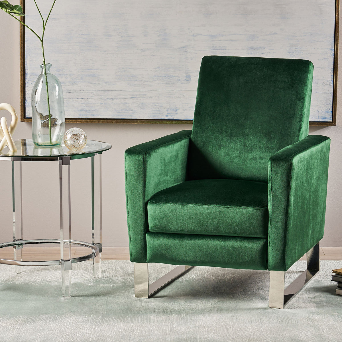 Velvet Push Back Recliner with Metal Legs - Emerald or Blue, photo 5 of 10