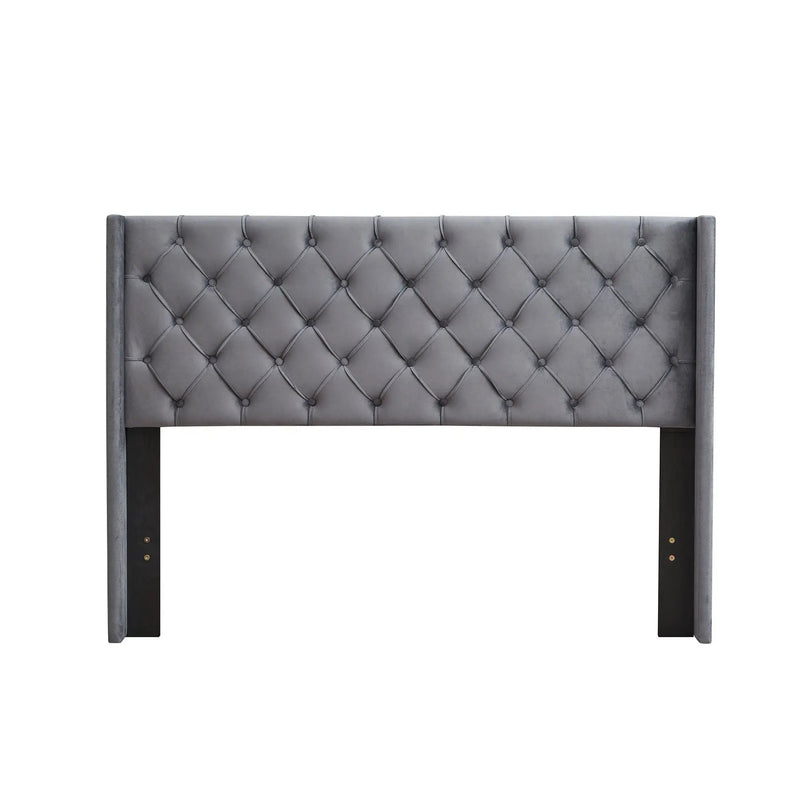 Queen Platform Tufted Upholstered Bed With Wings Design, Strong Wood Slat Support - Gray by Unique Piece Furniture