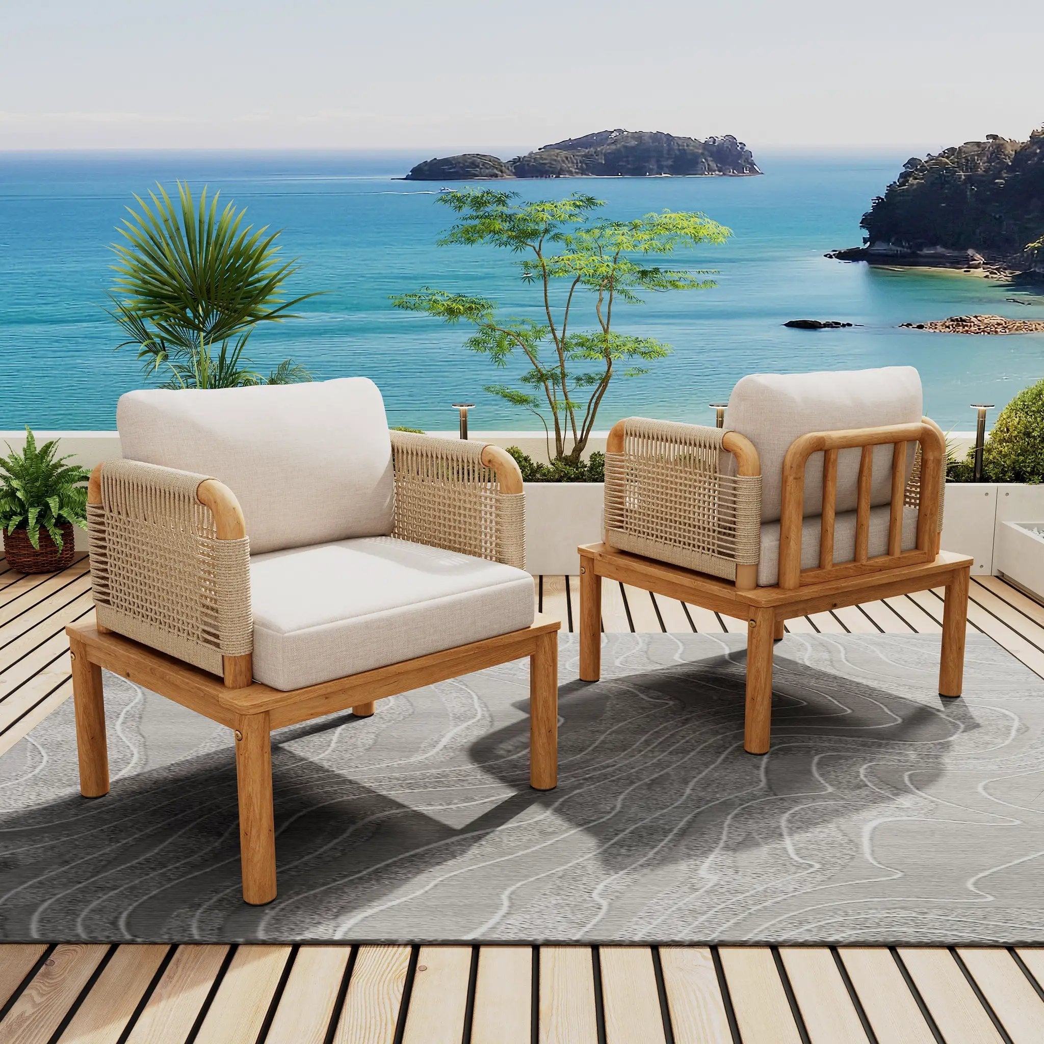 Outdoor Acacia Wood and Rope Club Chair with Cushions (Set of 2) by HouseOfZazla