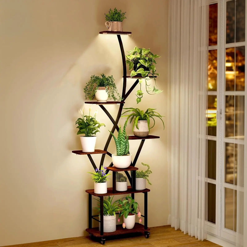 Plant Stand Indoor With Grow Light, 8 Tiered Tall Indoor Plant Shelves For Multiple Plants - Walnut / Black by HouseOfZazla