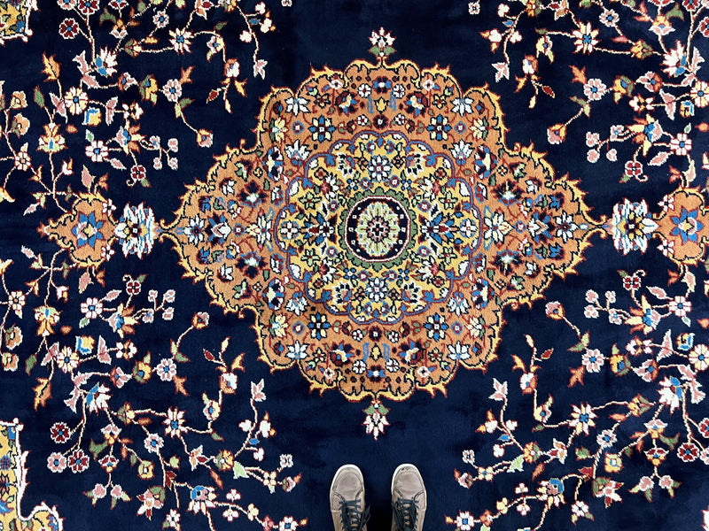 Indo Persian Rug 12x15, Mahal Sarouk Rug 12 x 15, Wool Hand Knotted Vintage Carpet, Navy Blue, Oversized Rug, Center Medallion by Jewel Rugs