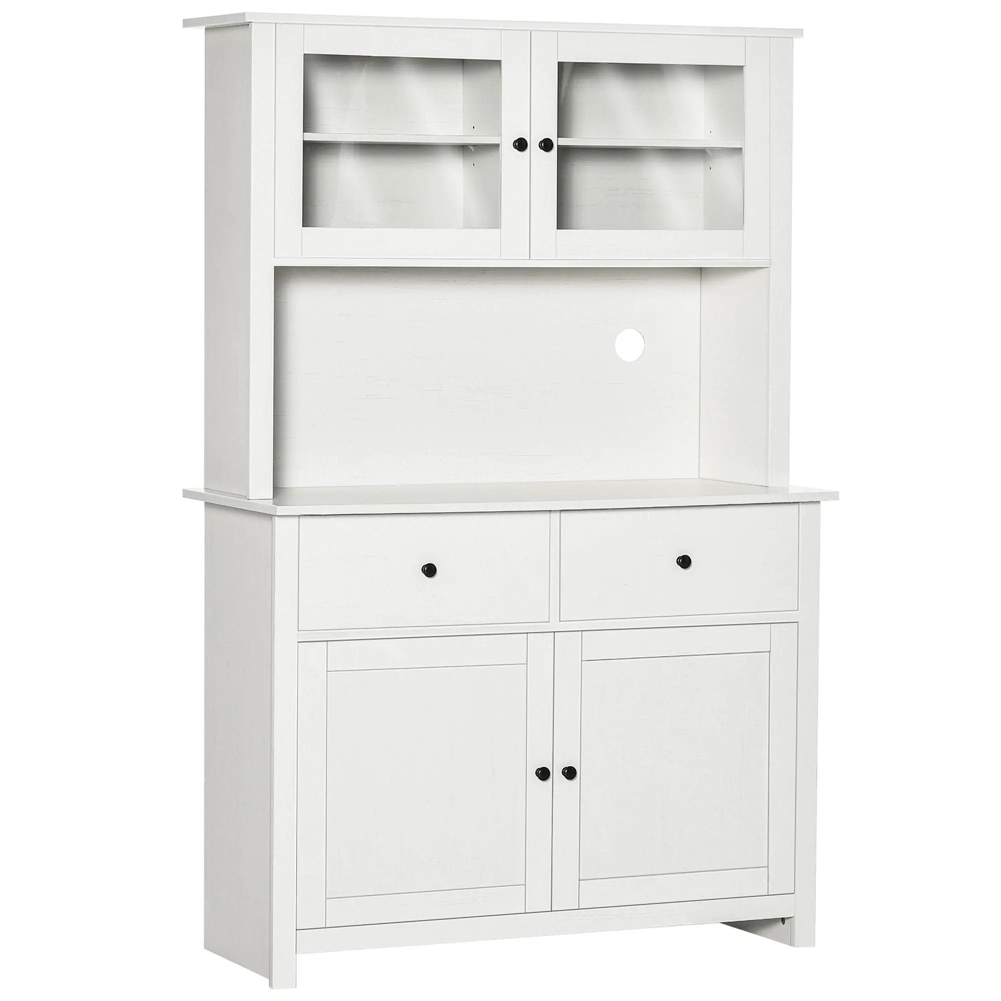 Homcom - 63.5" Kitchen Buffet With Hutch, Pantry Storage Cabinet With 4 Shelves, Drawers, Framed Glass Doors, Open Microwave Countertop - Antique White by Unique Piece Furniture