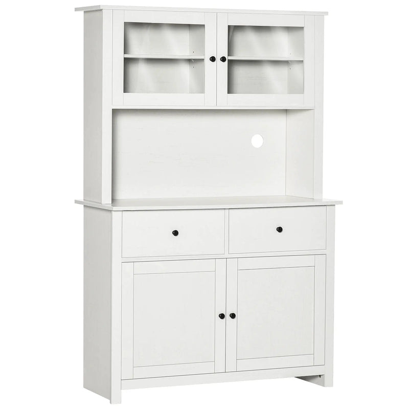 Homcom - 63.5" Kitchen Buffet With Hutch, Pantry Storage Cabinet With 4 Shelves, Drawers, Framed Glass Doors, Open Microwave Countertop - Antique White by HouseOfZazla