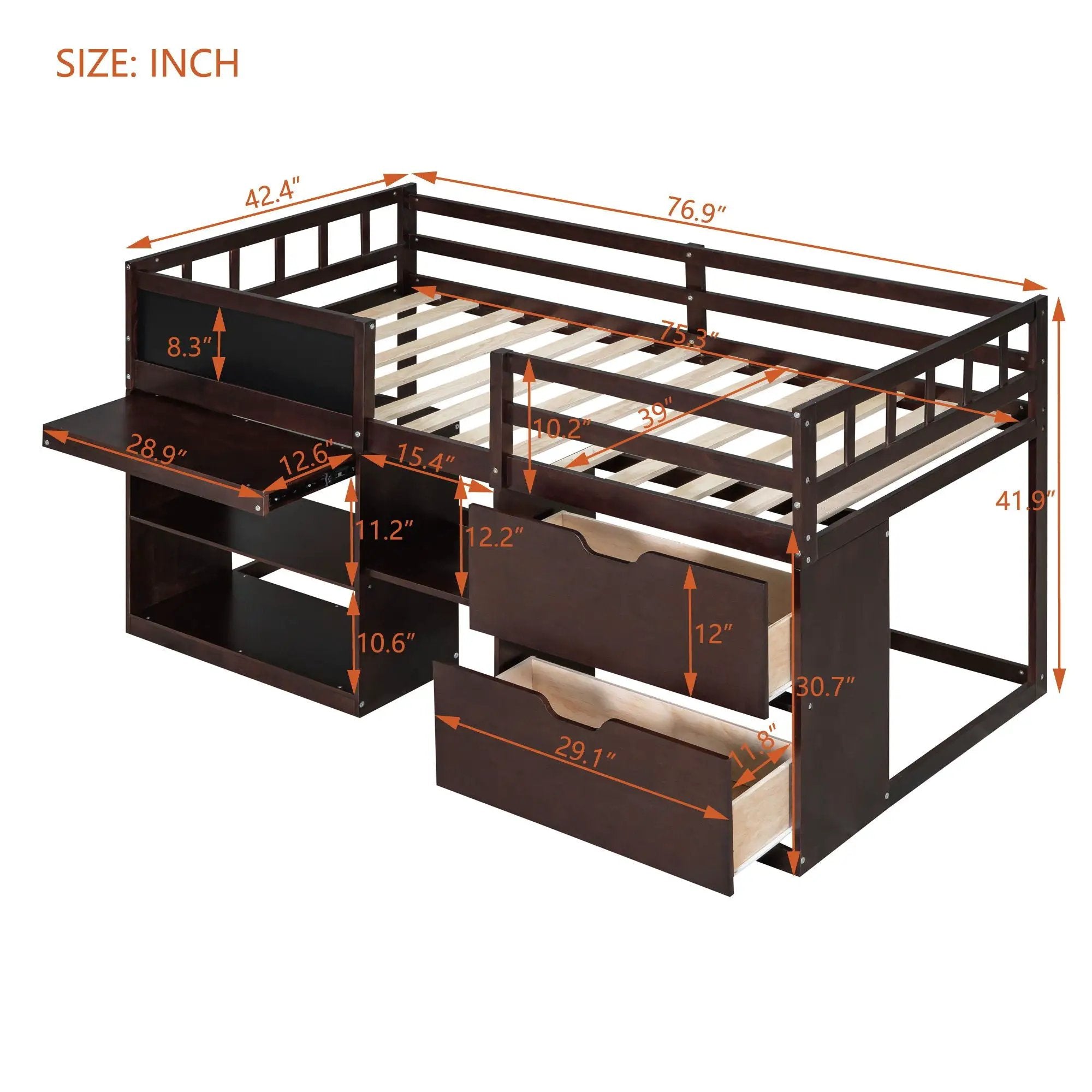 Low Loft Bed With Rolling Desk, Shelf And Drawers by HouseOfZazla