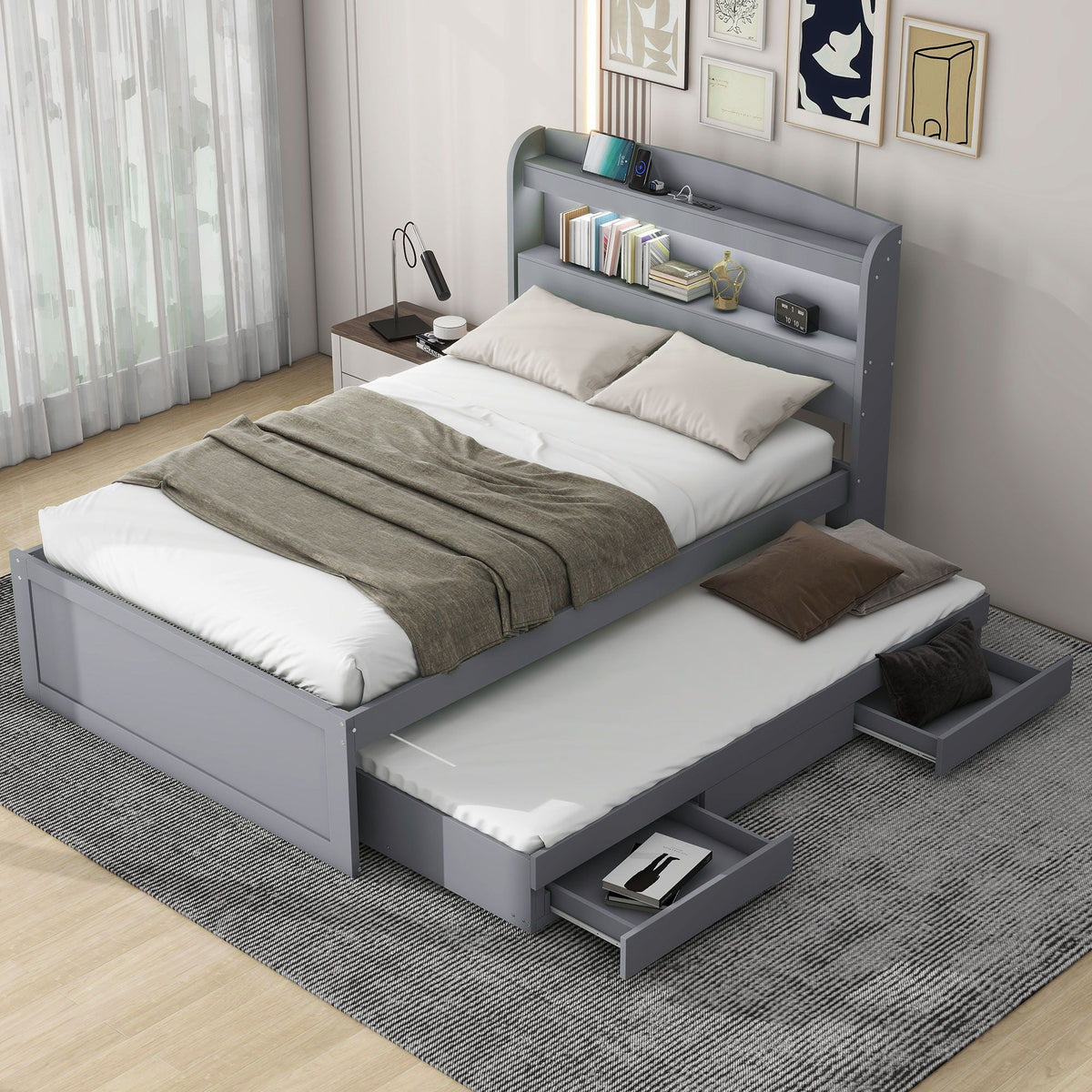 Platform Bed With LED Headboard, Charging Station, Trundle And 2 Drawers, photo 12 of 14