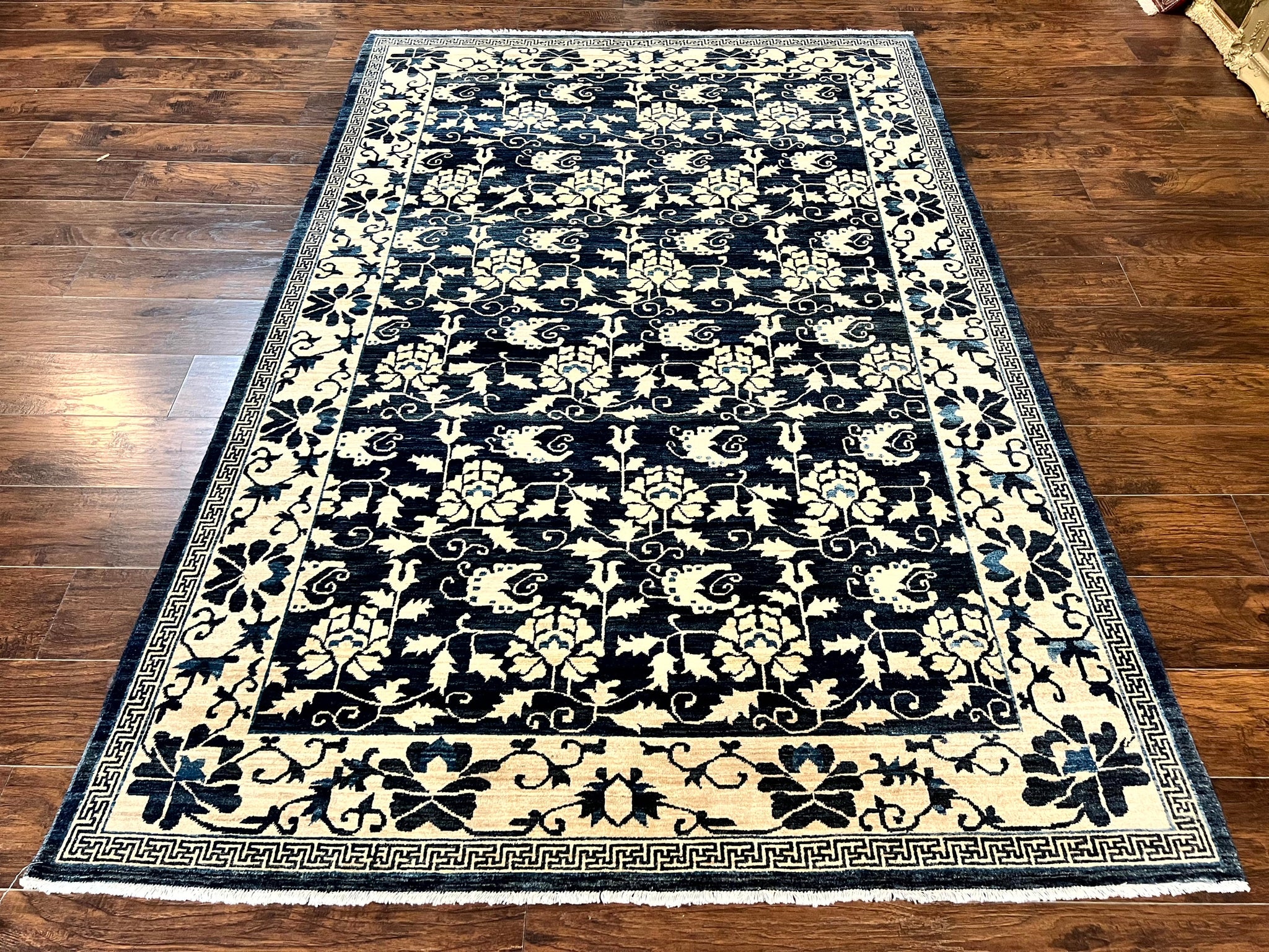 Sino Persian Rug 6x9, Hand Knotted Wool Carpet, Floral Allover, Blue Cream-Tan by Jewel Rugs