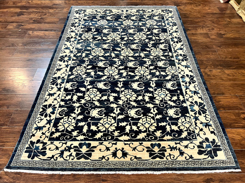 Sino Persian Rug 6x9, Hand Knotted Wool Carpet, Floral Allover, Blue Cream-Tan by Jewel Rugs