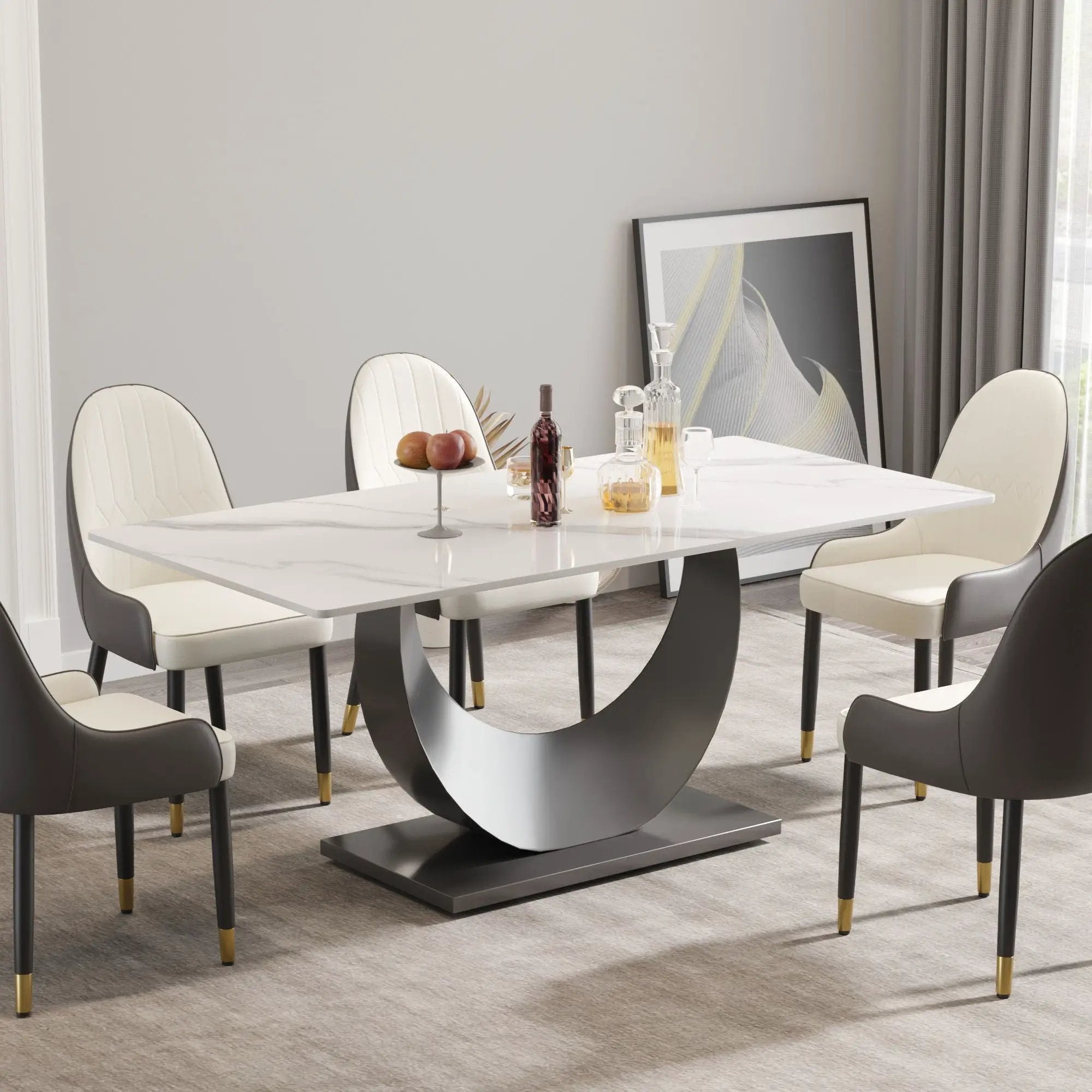 70.87" Modern Artificial Stone Crescent-Shaped Metal Legs, Can Accommodate 6-8 People - White / Black by HouseOfZazla
