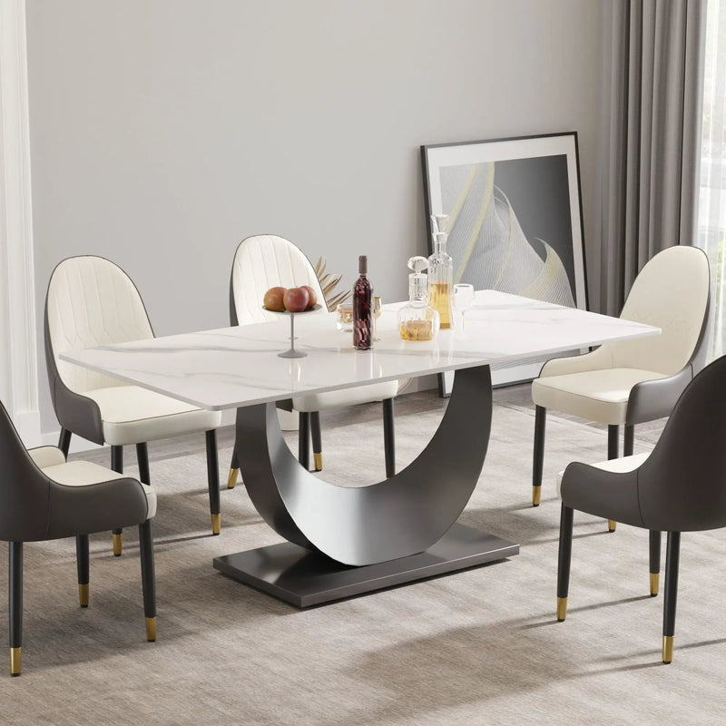 70.87" Modern Artificial Stone Crescent-Shaped Metal Legs, Can Accommodate 6-8 People - White / Black by HouseOfZazla