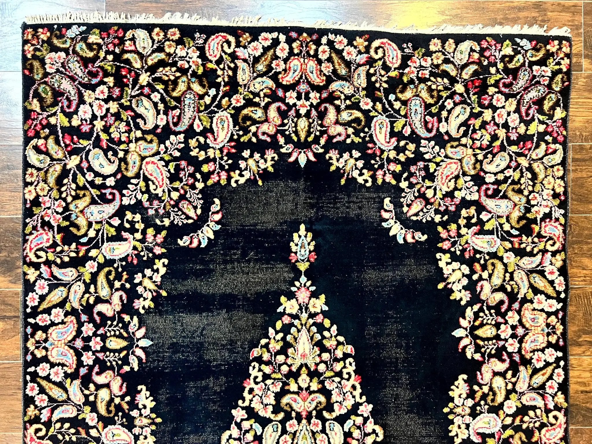 Antique Persian Kirman Rug 5x8, Floral Kirman, Midnight Blue/Black, Semi Open Field, Handmade Vintage Wool Carpet by Jewel Rugs