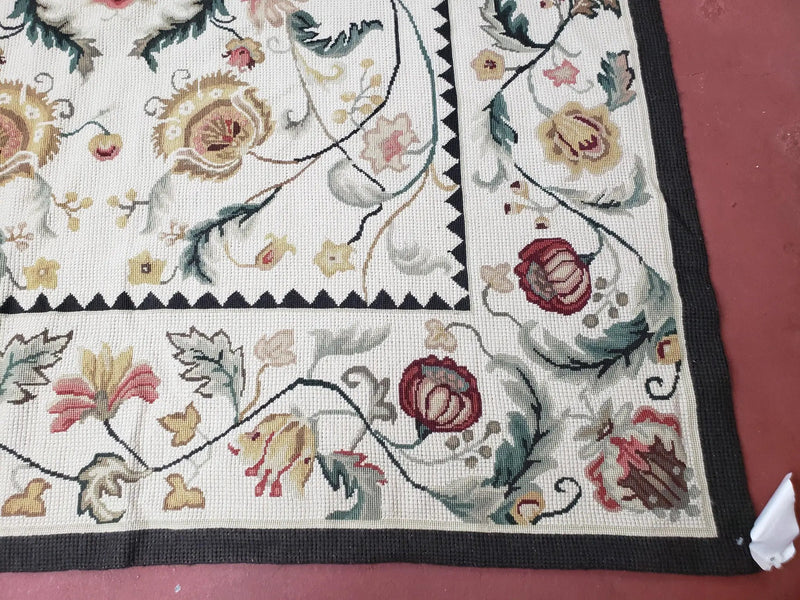 New Needlepoint Rug 9x12, Hand Woven Wool Area Rug, Flatweave Carpet, Handmade Chinese Needlepoint, Floral European Design, Ivory Background by Jewel Rugs