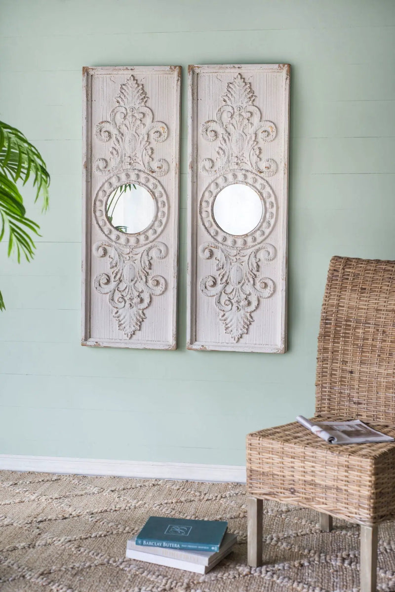 Large Wooden Wall Art Panels With Distressed Round Mirror Accents (Set of 2) - White by Unique Piece Furniture