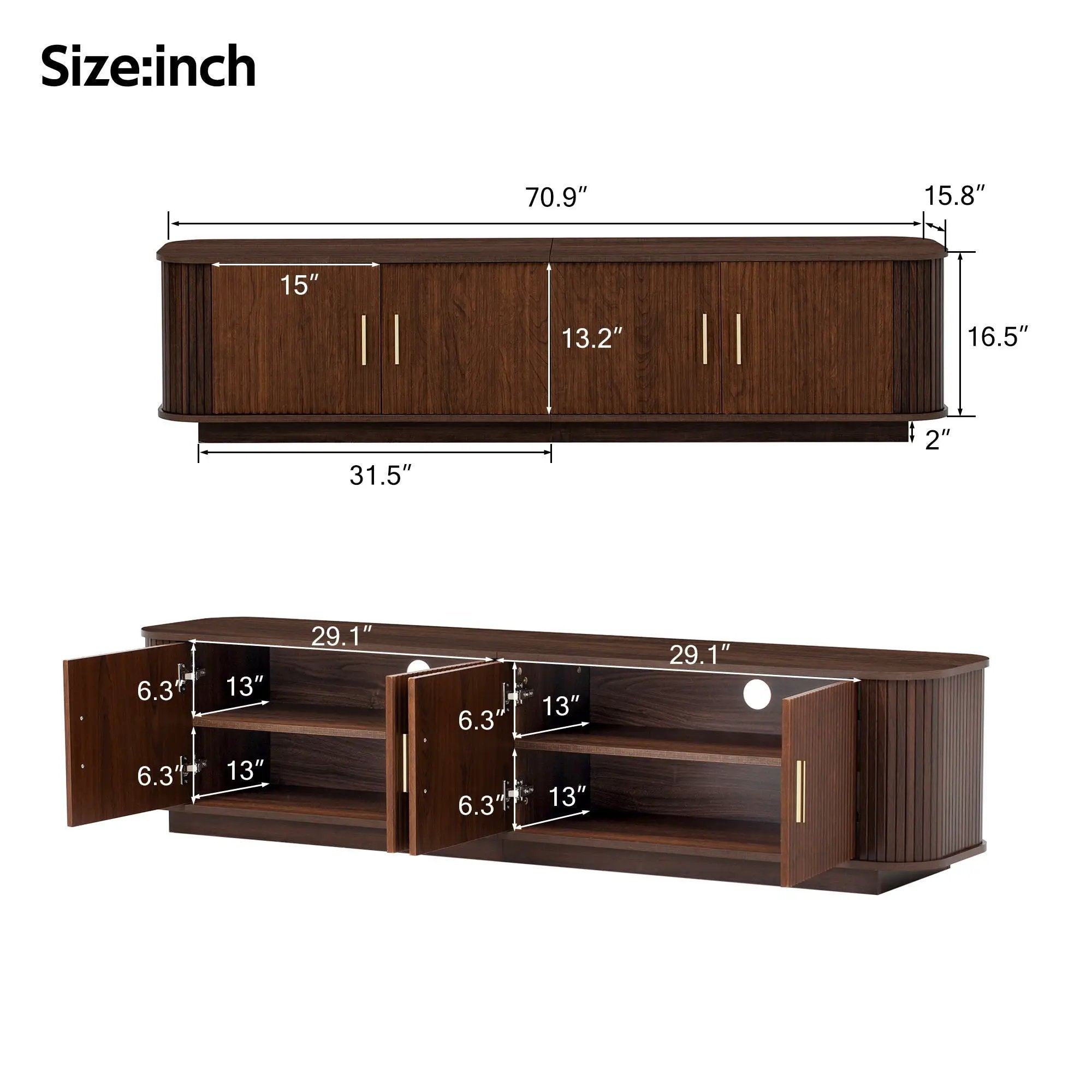 70" TV Stand With Ample Storage, Refined Curved Corners - Dark Brown