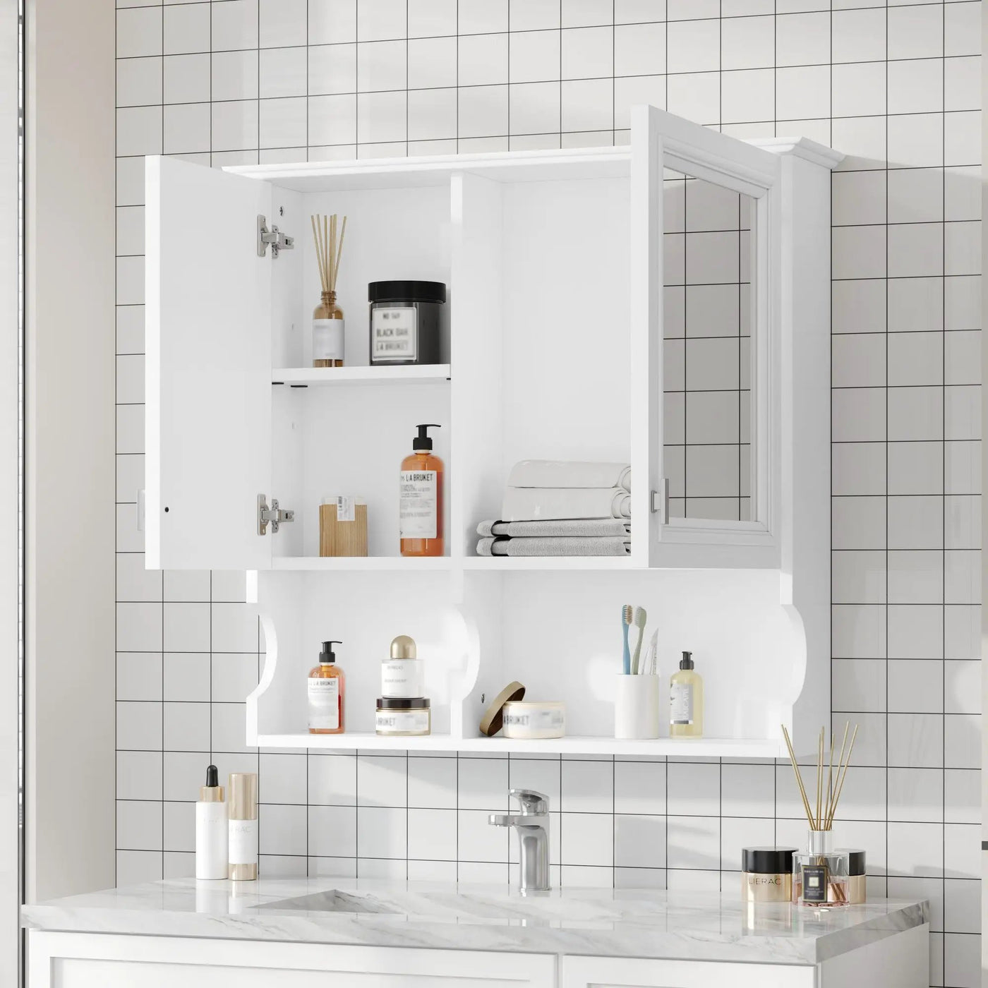 Wall Mounted Mirror Medicine Cabinet, Bathroom Storage With Doors And Open Shelves by HouseOfZazla