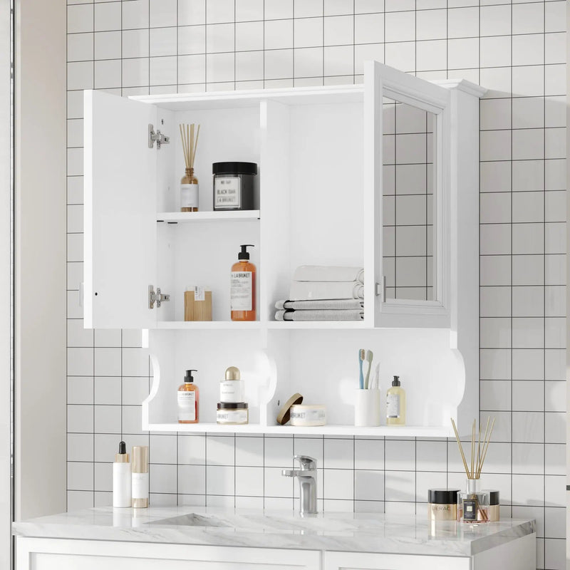 Wall Mounted Mirror Medicine Cabinet, Bathroom Storage With Doors And Open Shelves by Unique Piece Furniture