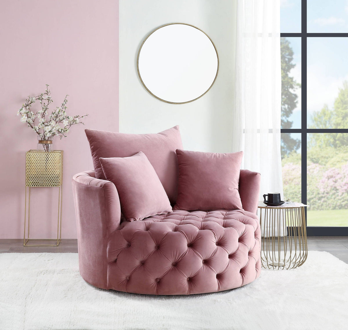 Velvet Swivel Accent Chair with Button Tufting - Dark Gray or Pink
