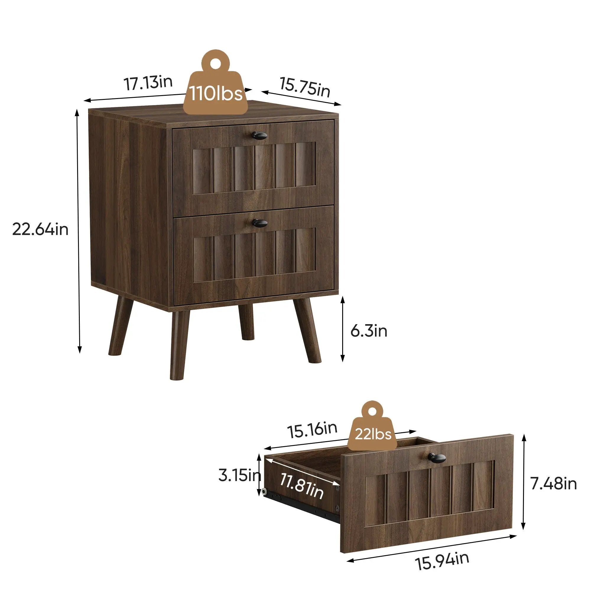 Double Drawer Bedside Table (Set of 2) - Walnut by Unique Piece Furniture