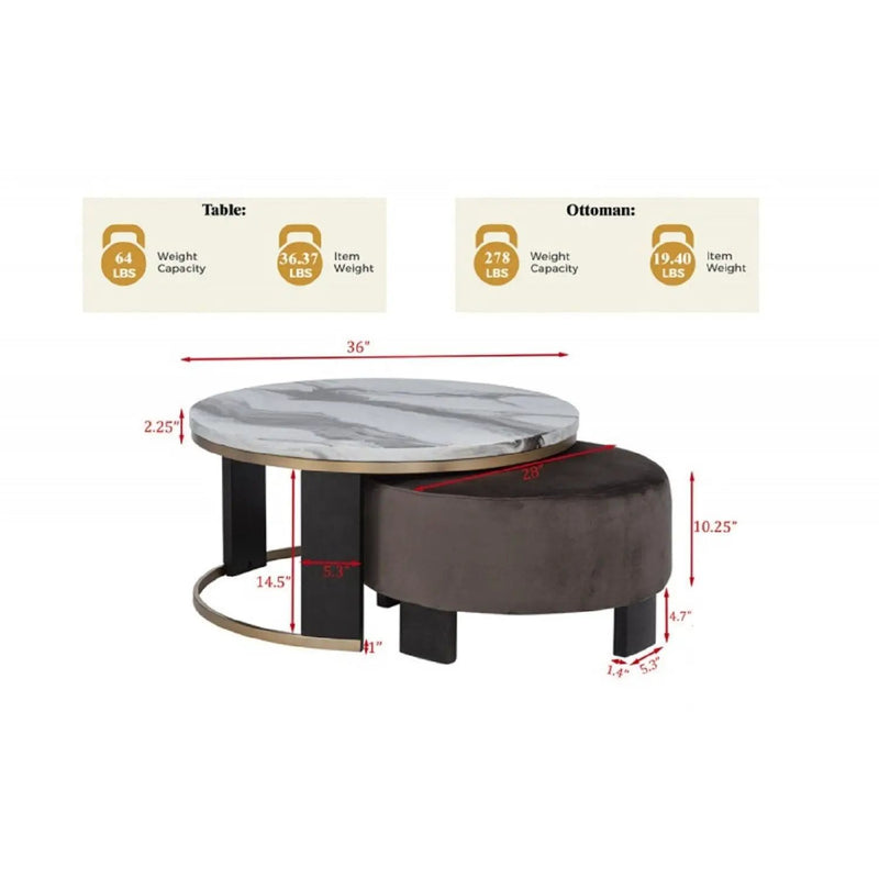 Nesting Round Coffee Table With Ottoman (Set of 2) - Gold / Brown by HouseOfZazla