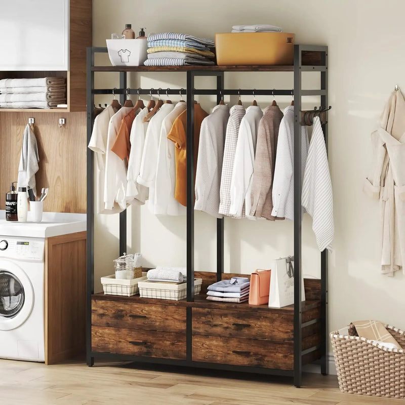 Freestanding Closet Organizer With 4 Drawers, 8 Hooks, Shelves, And Hanging Rod - Brown / Black by HouseOfZazla