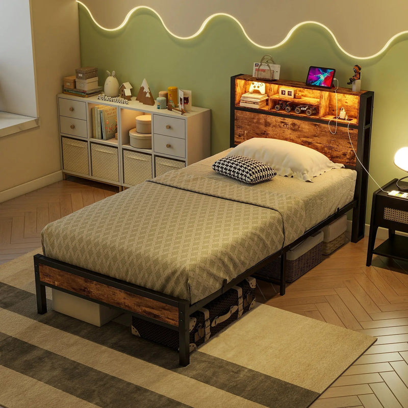 Modern Twin Size Metal Platform Bed Frame With Storage Headboard And Charging Station - Brown by HouseOfZazla