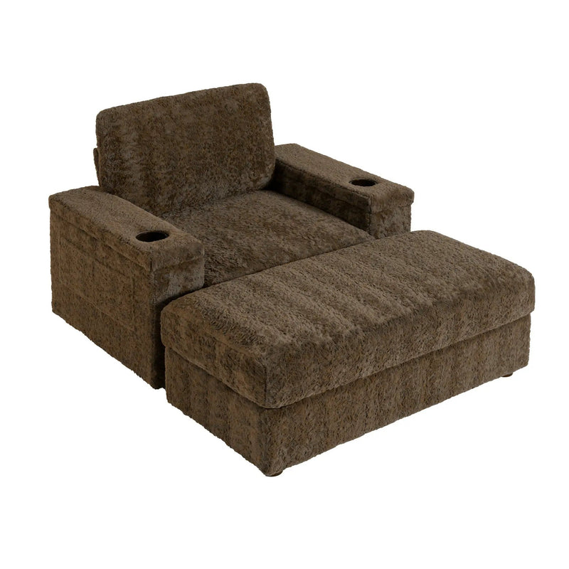 Oversized Chaise Lounge Indoor Rabbit Fur Sofa Bed With Storage Ottoman And Armrests Cup Holders With Deep Seat by HouseOfZazla