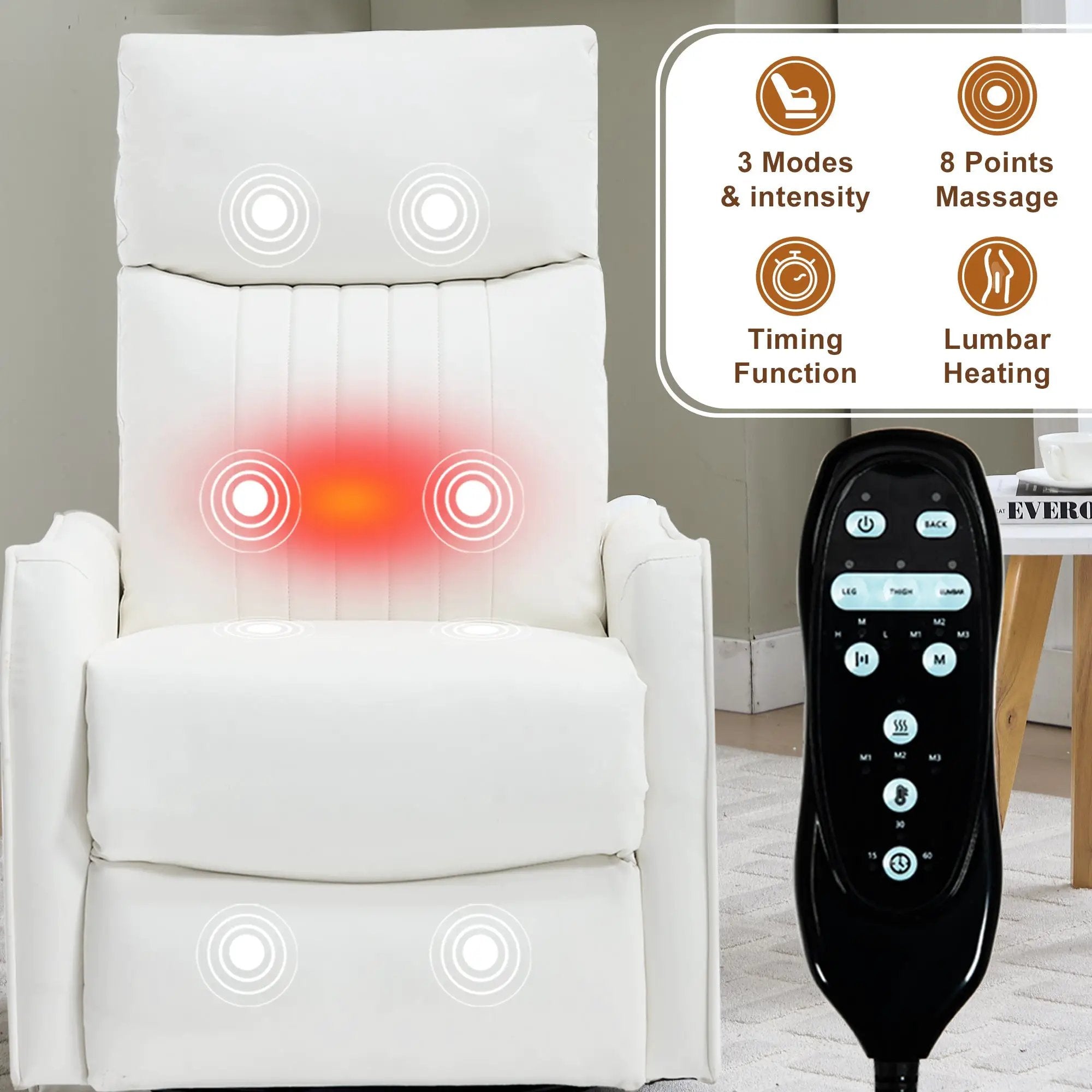 White Heat Massage Manual Recliner Chair with Rocker and Swivel in Faux Leather by HouseOfZazla