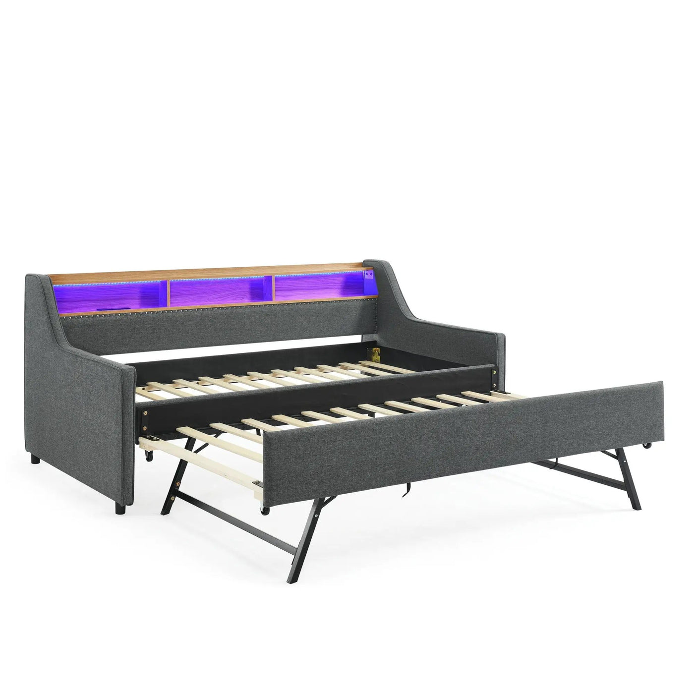 Upholstered Sofa Bed With LED Lights, Storage Headboard, Foldable Trundle & Wireless Charging by HouseOfZazla