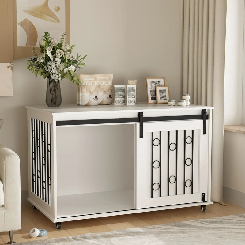 Dog Crate With Sliding Barn Door and Side Access, Lockable Wheels for Small to Medium Dogs - White by HouseOfZazla