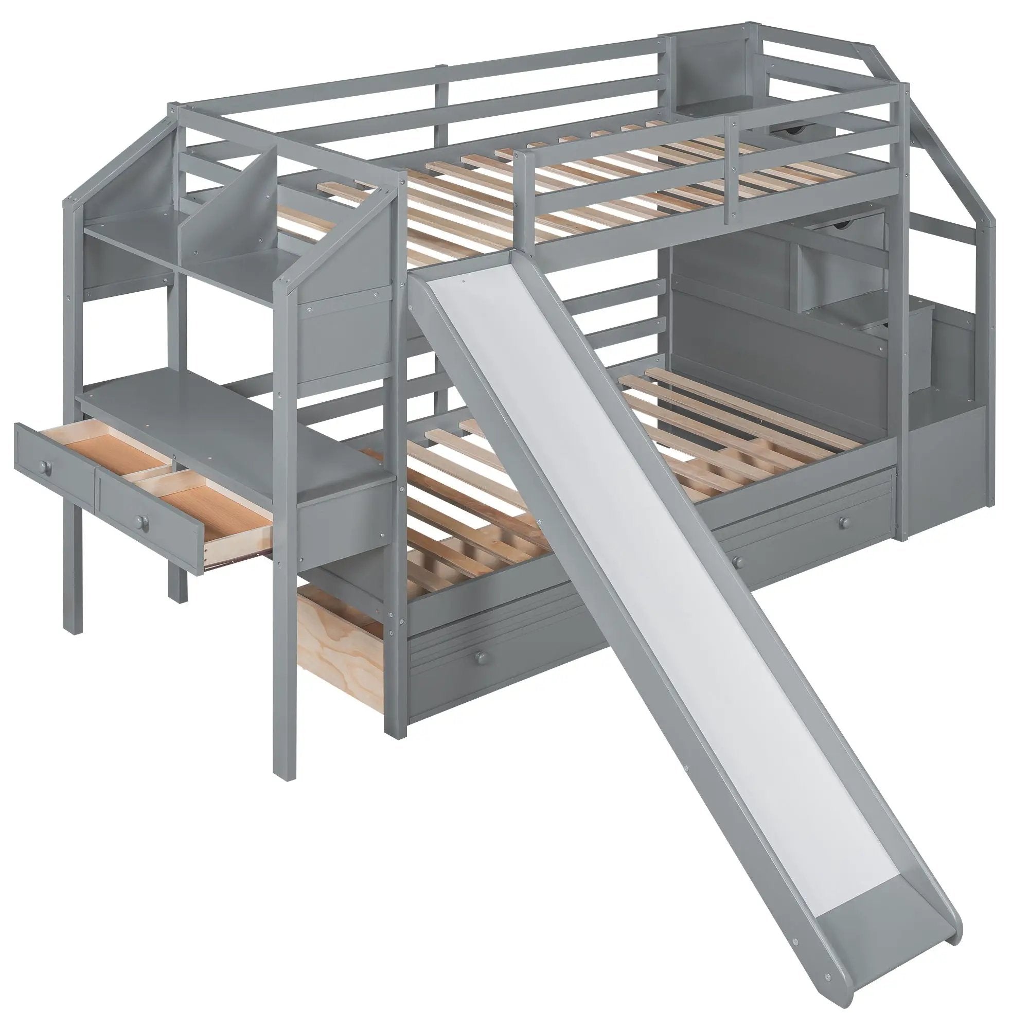 Bunk Bed With Storage Staircase, Slide, Desk, Drawers, And Shelves