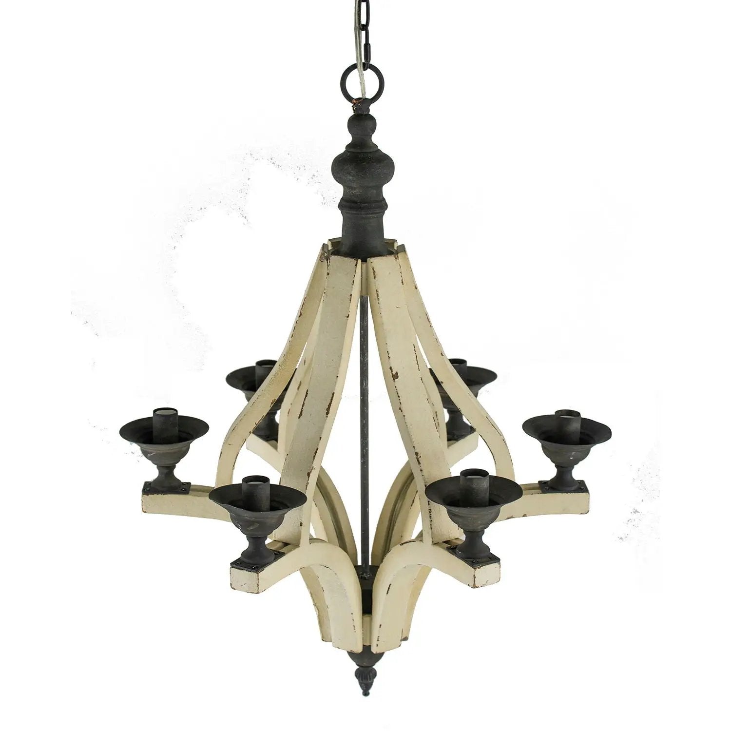 6 Light Wood Chandelier, Hanging Light Fixture With Adjustable Chain For Kitchen, Bulb Not Included - Cream by HouseOfZazla