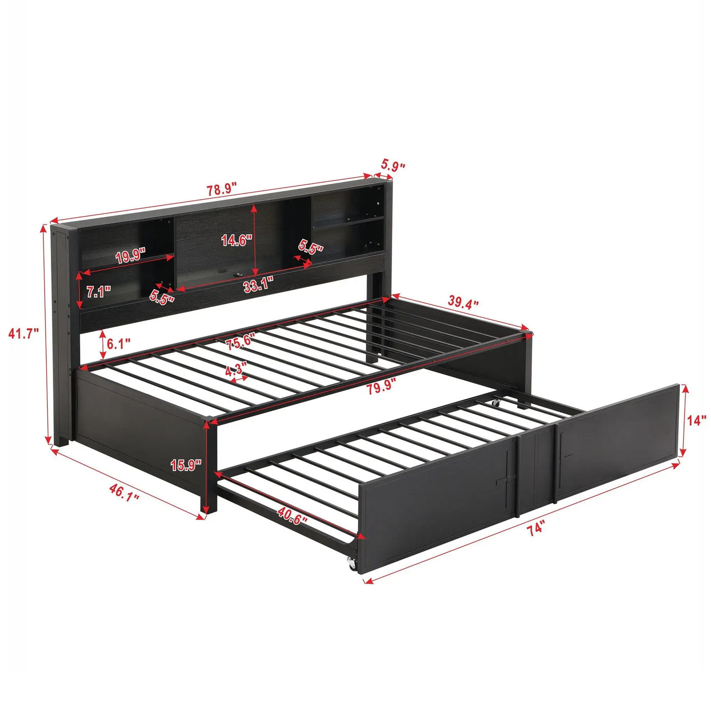 Industrial Metal Daybed With Trundle, Storage Shelves, USB Ports by Unique Piece Furniture